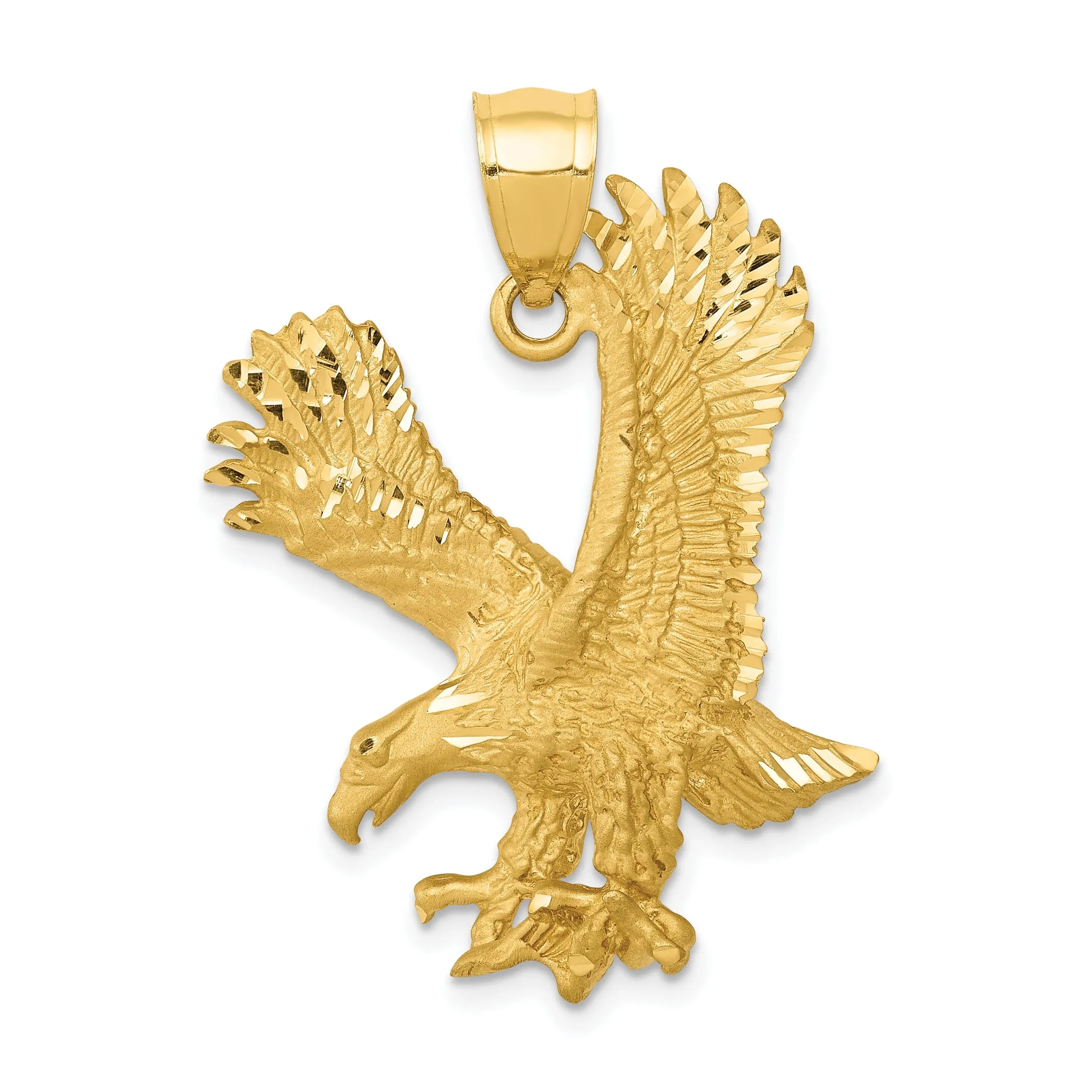 14k Yellow Gold Brushed Satin Diamond Cut Texture Finish Mens Eagle Charm Pendant