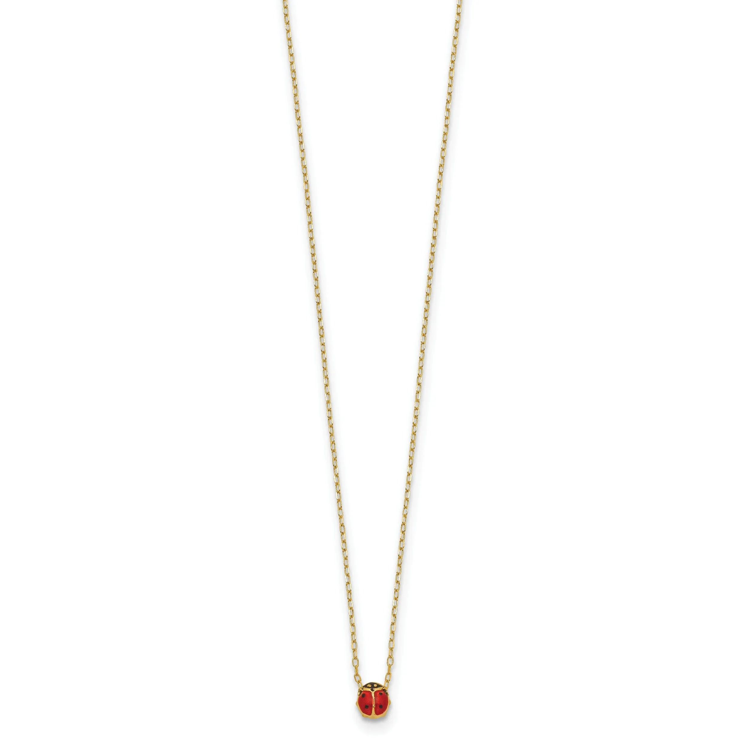 14k Yellow Gold Polished Red, Black Enameled Finish Small Size Hollow Ladybug Pendant in a 16.5-inch Cable Chain Necklace Set