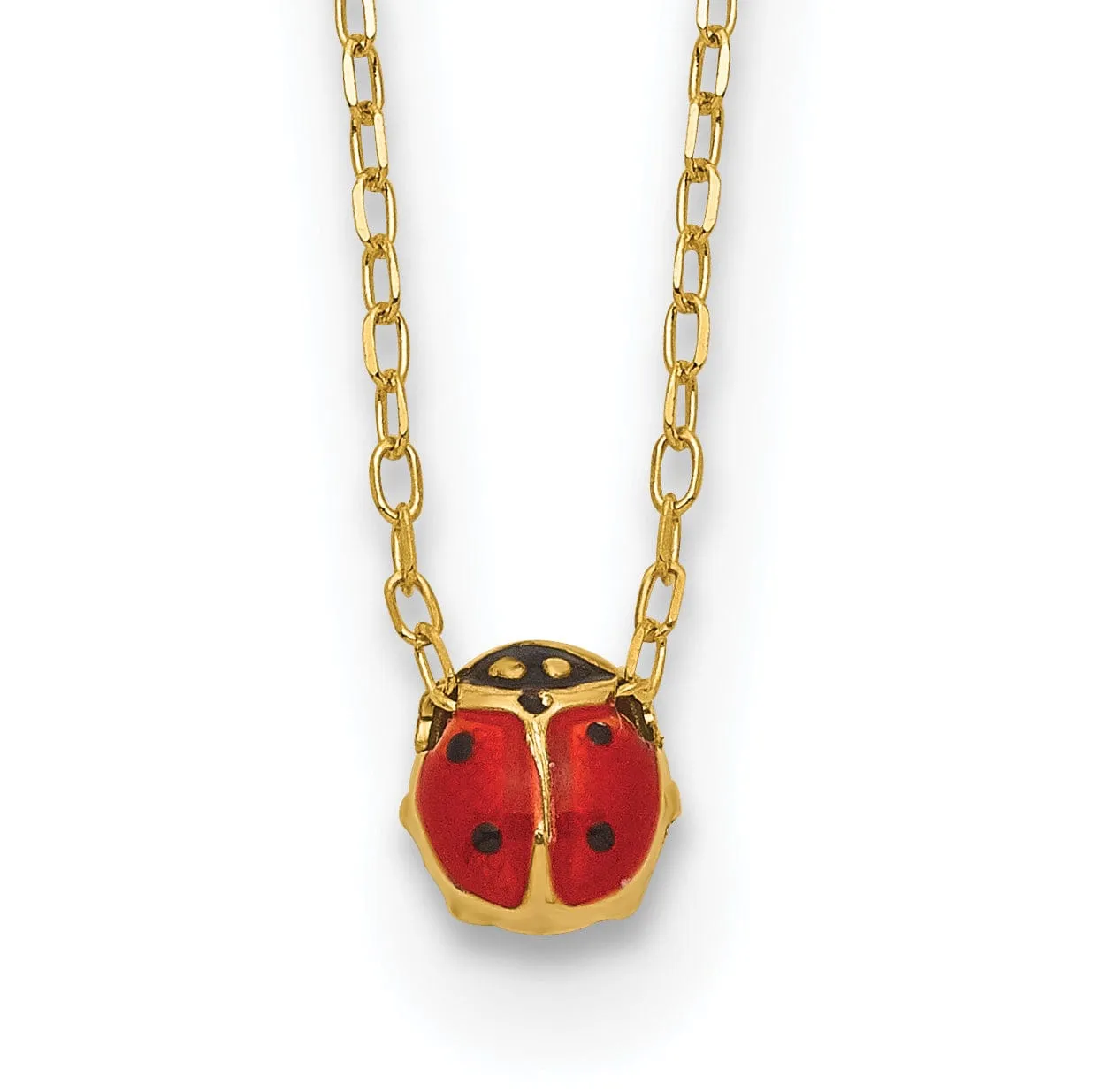 14k Yellow Gold Polished Red, Black Enameled Finish Small Size Hollow Ladybug Pendant in a 16.5-inch Cable Chain Necklace Set