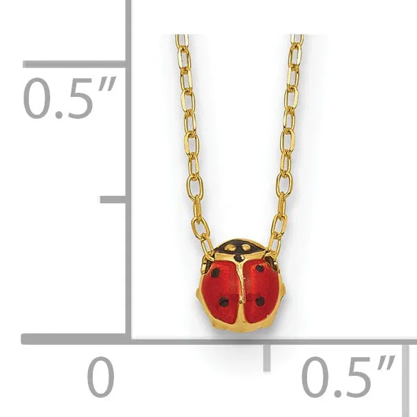 14k Yellow Gold Polished Red, Black Enameled Finish Small Size Hollow Ladybug Pendant in a 16.5-inch Cable Chain Necklace Set