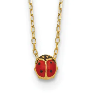 14k Yellow Gold Polished Red, Black Enameled Finish Small Size Hollow Ladybug Pendant in a 16.5-inch Cable Chain Necklace Set