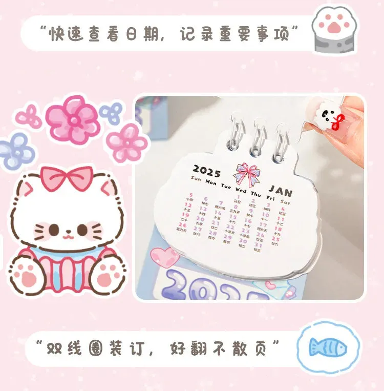 2025 Kawaii Cartoon Cat Mini Pocket Desk Calendar