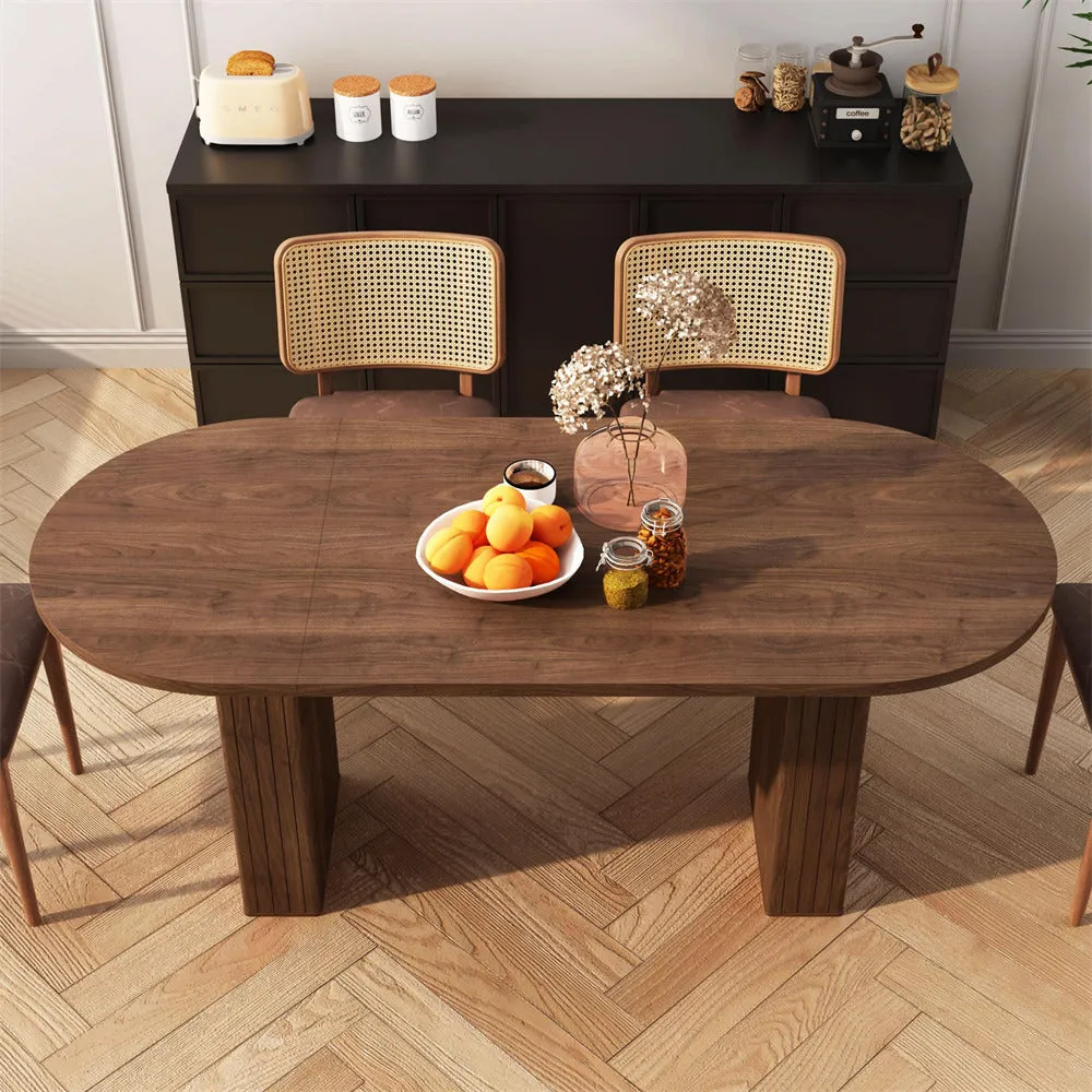 70.8 Inch Modern Farmhouse Oval Kitchen Dining Table with Wood Strip Base