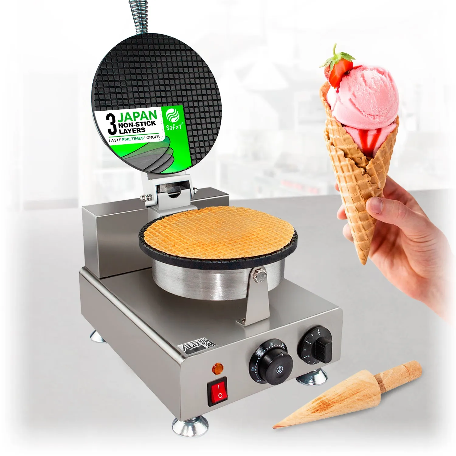 ALDKitchen Waffle Cone Maker | Commercial Ice Cream Cone Maker | Stainless Steel | Nonstick | Manual Control