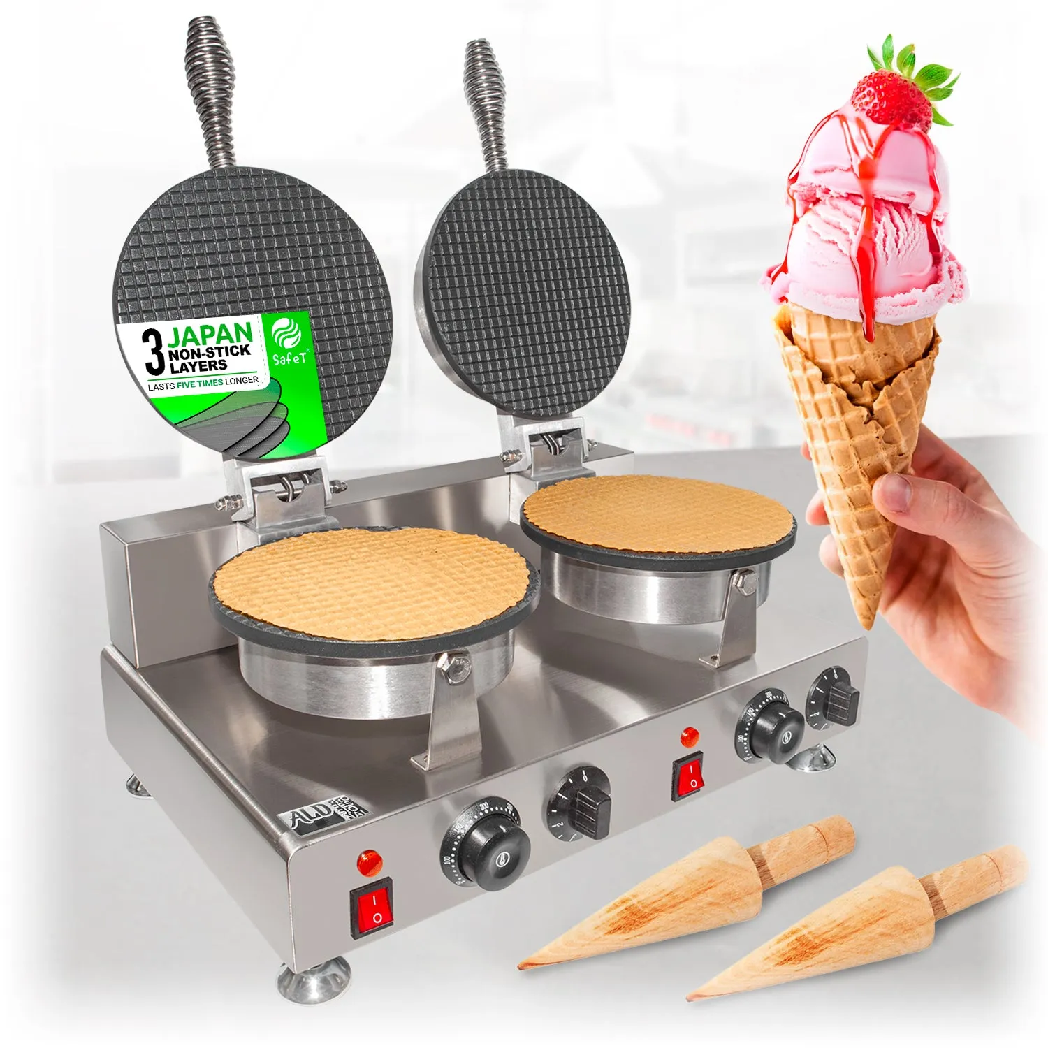 ALDKitchen Waffle Cone Maker | Commercial Ice Cream Cone Maker | Stainless Steel | Nonstick | Manual Control