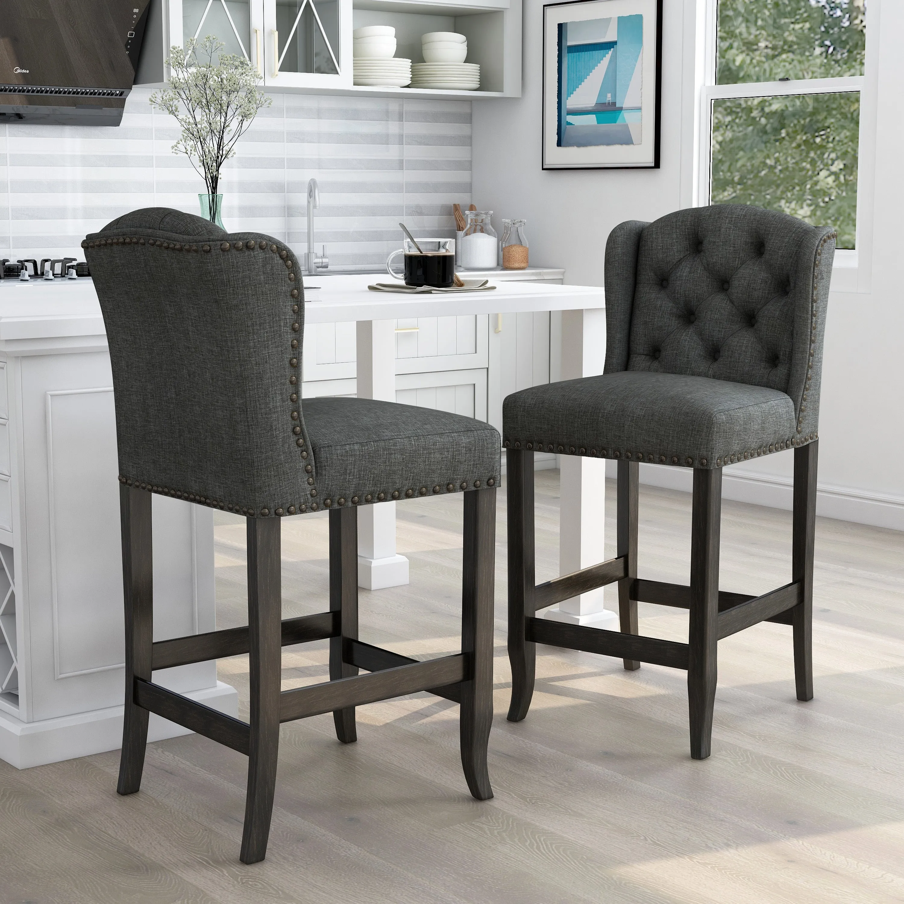 Ambrosia Button-Tufted Fabric Nailhead Wingback Bar Chairs (Set of 2)