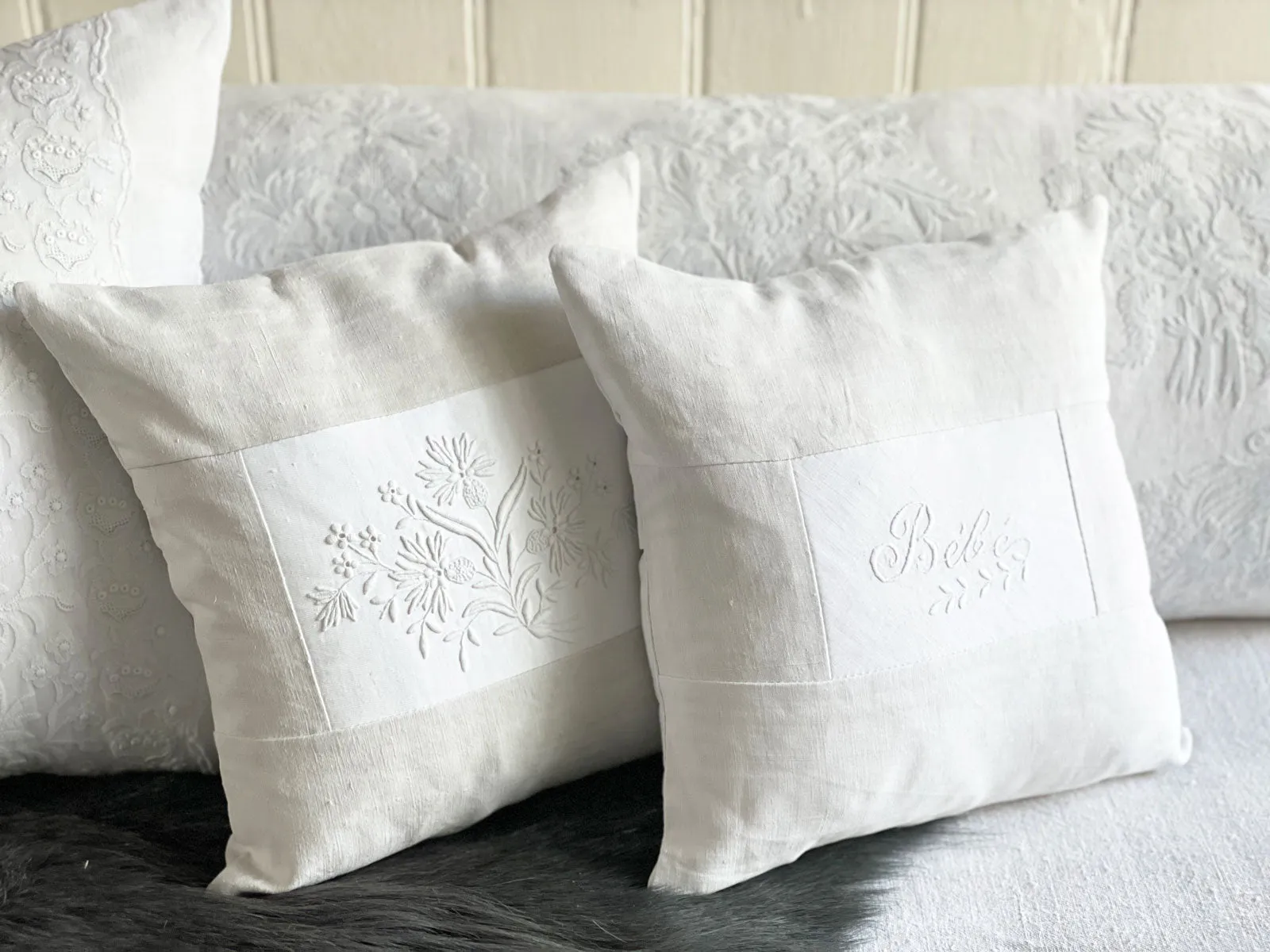 An Antique French White on White Embroidered 30cm Cushion