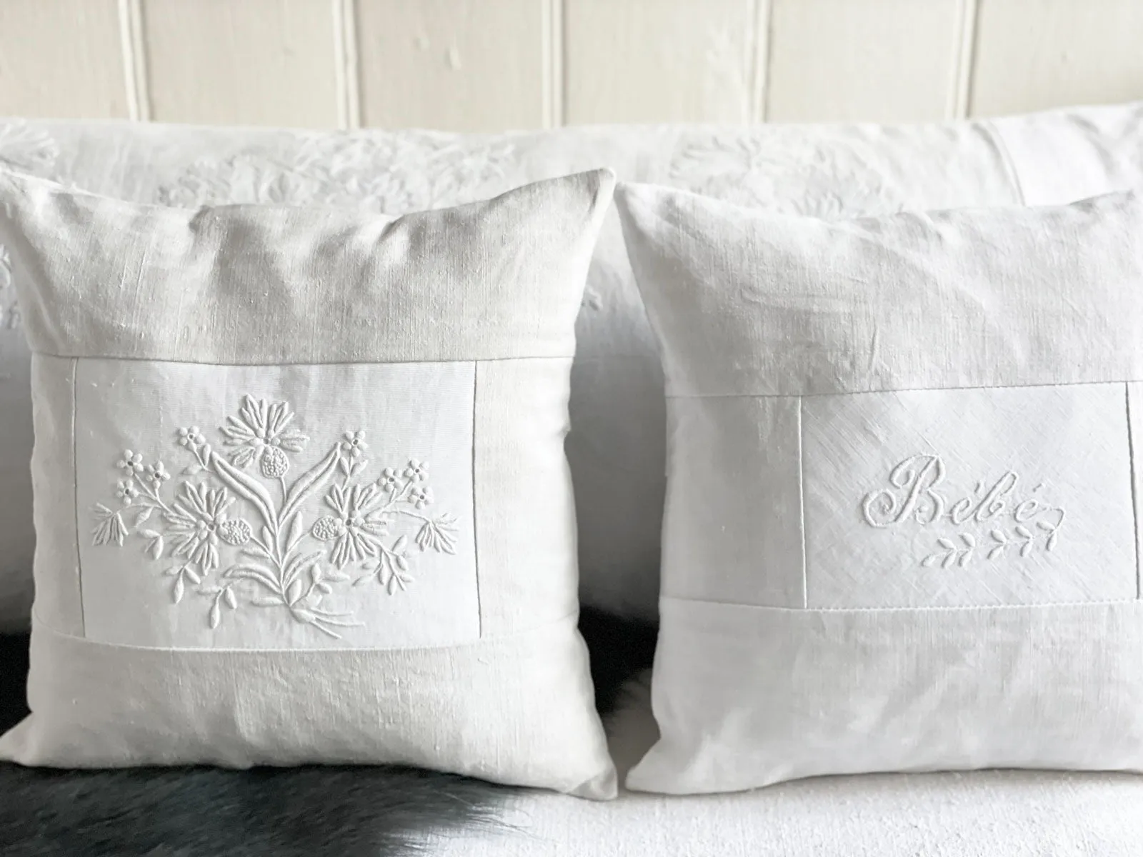 An Antique French White on White Embroidered 30cm Cushion