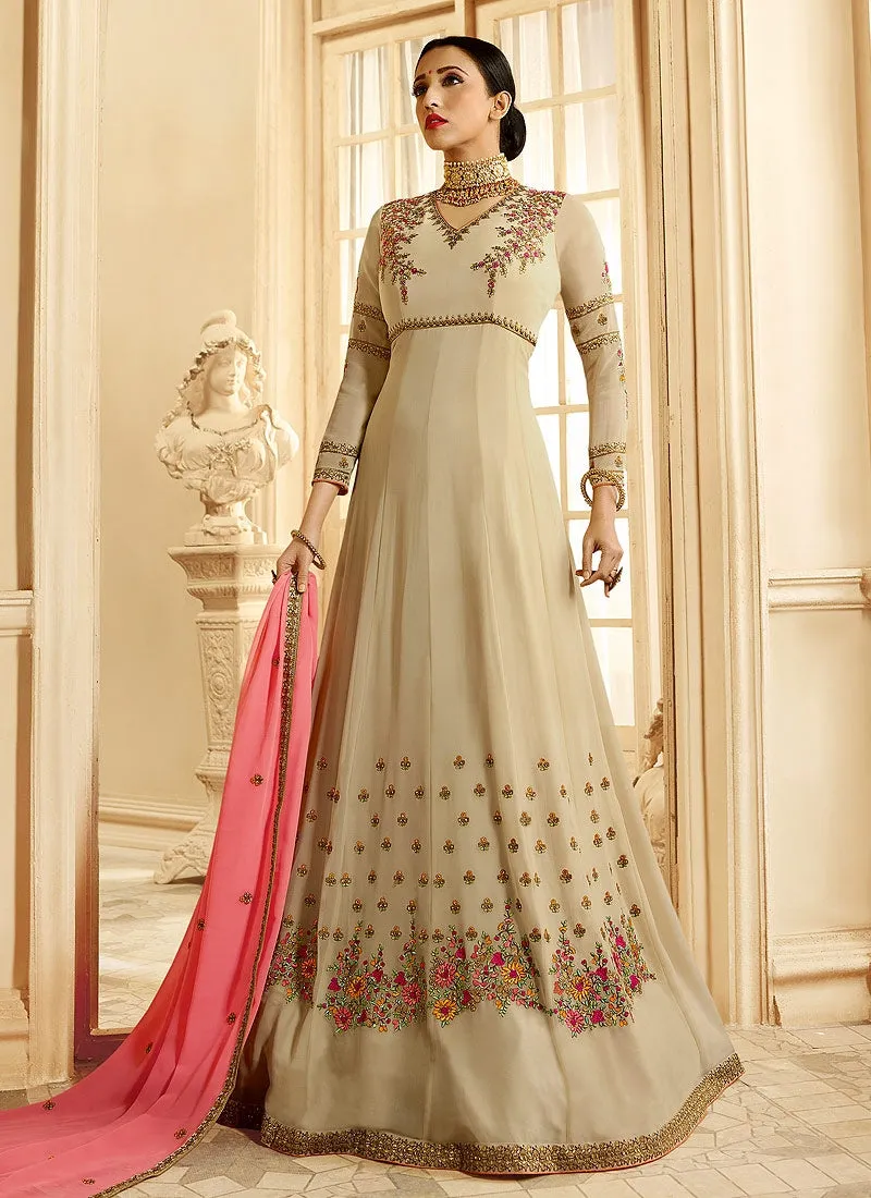 Beige And Pink Ethnic Embroidered Flared Anarkali Suit