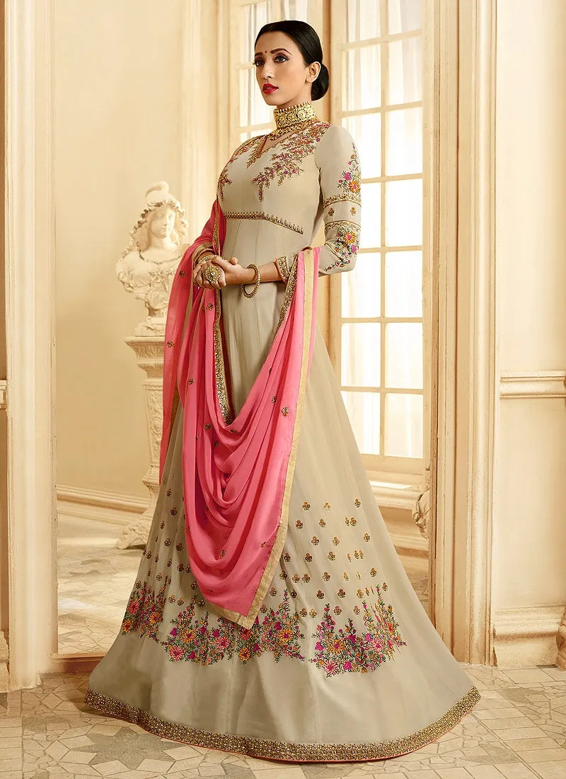 Beige And Pink Ethnic Embroidered Flared Anarkali Suit