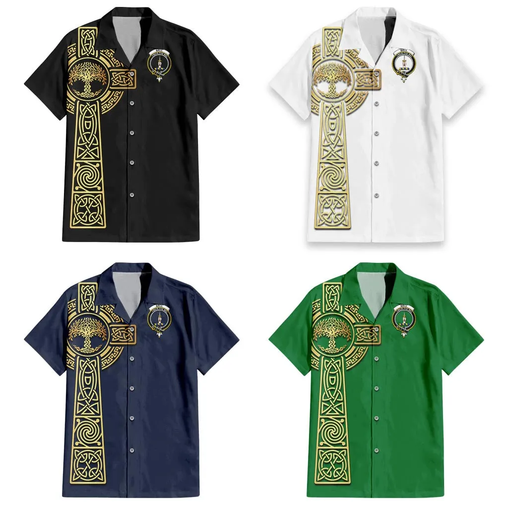 Bell Clan Mens Short Sleeve Button Up Shirt with Golden Celtic Tree Of Life