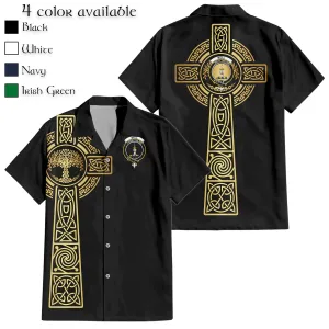 Bell Clan Mens Short Sleeve Button Up Shirt with Golden Celtic Tree Of Life