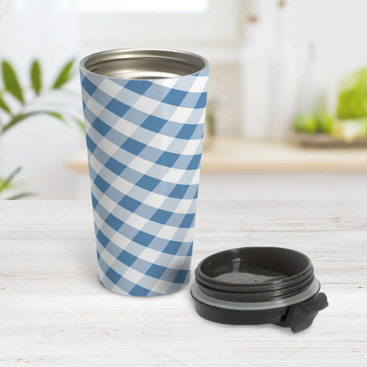 Blue Gingham Travel Mug