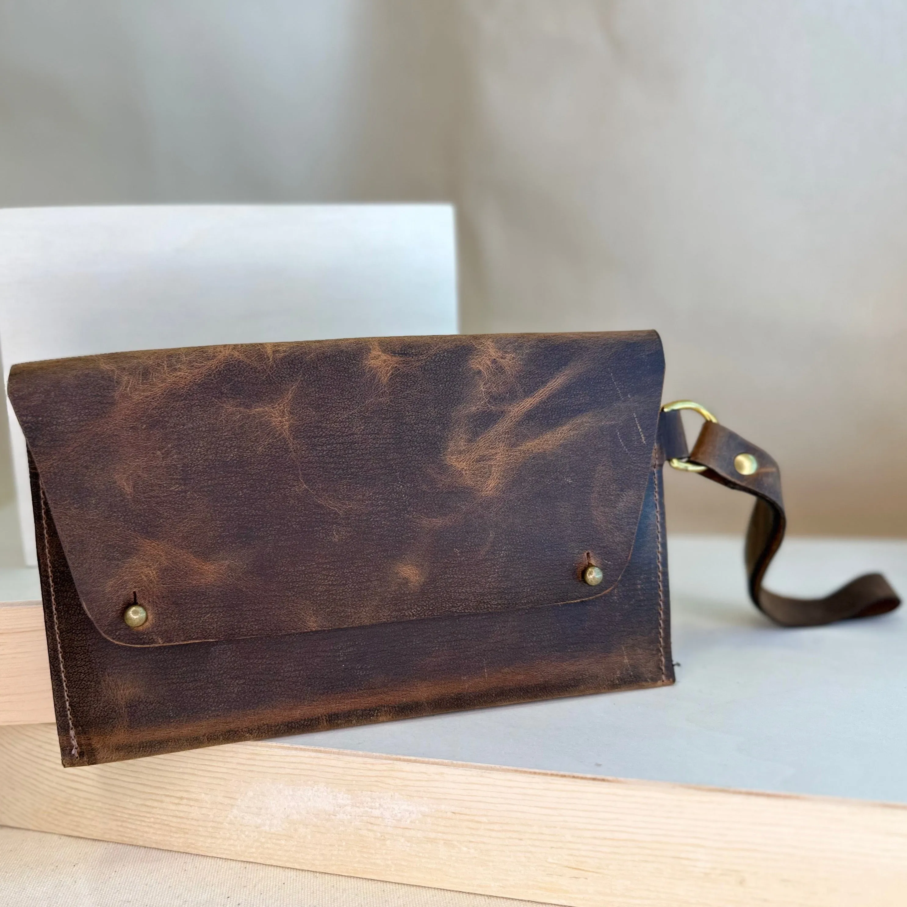 Brown Pull Up Handstitched Leather Clutch