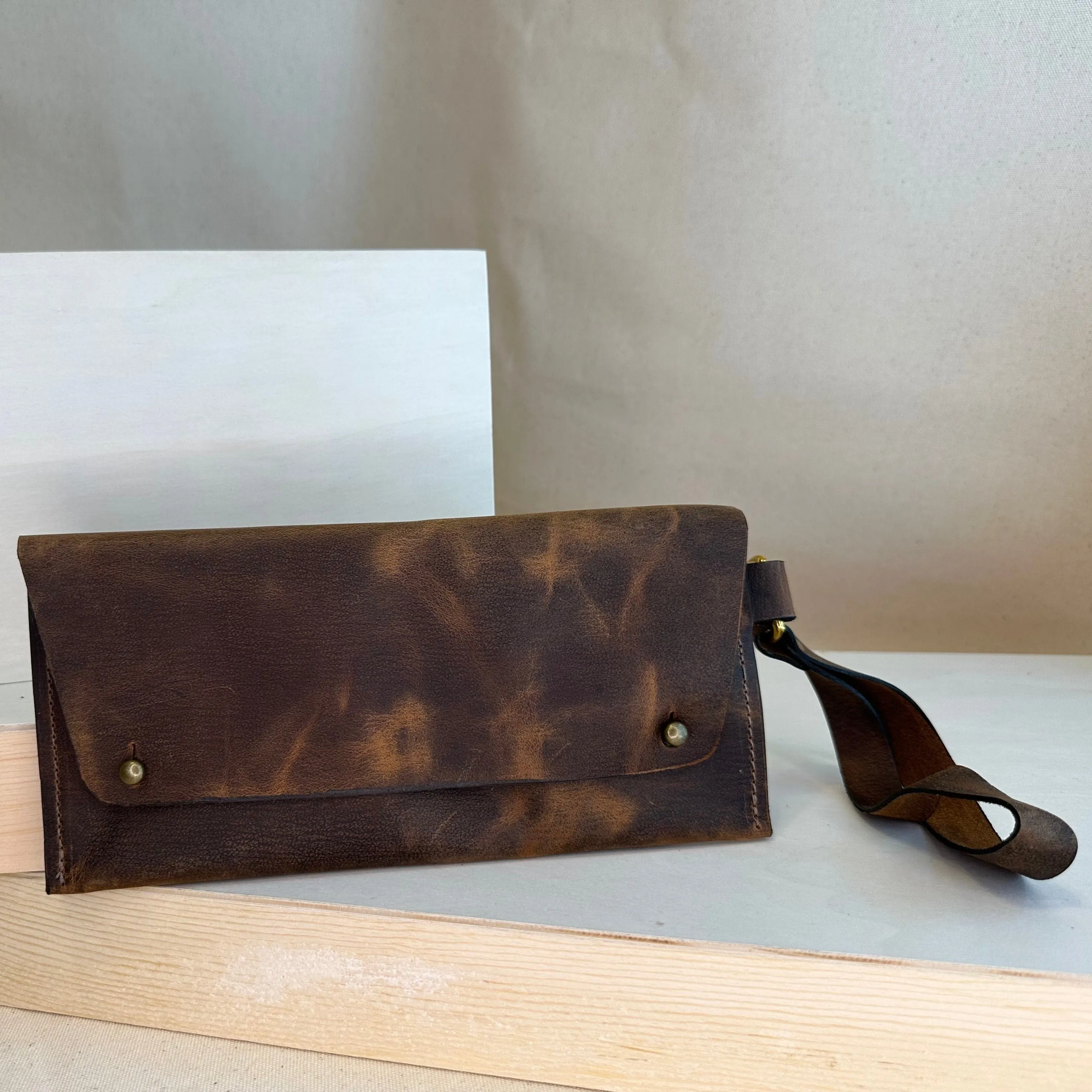 Brown Pull Up Handstitched Leather Clutch