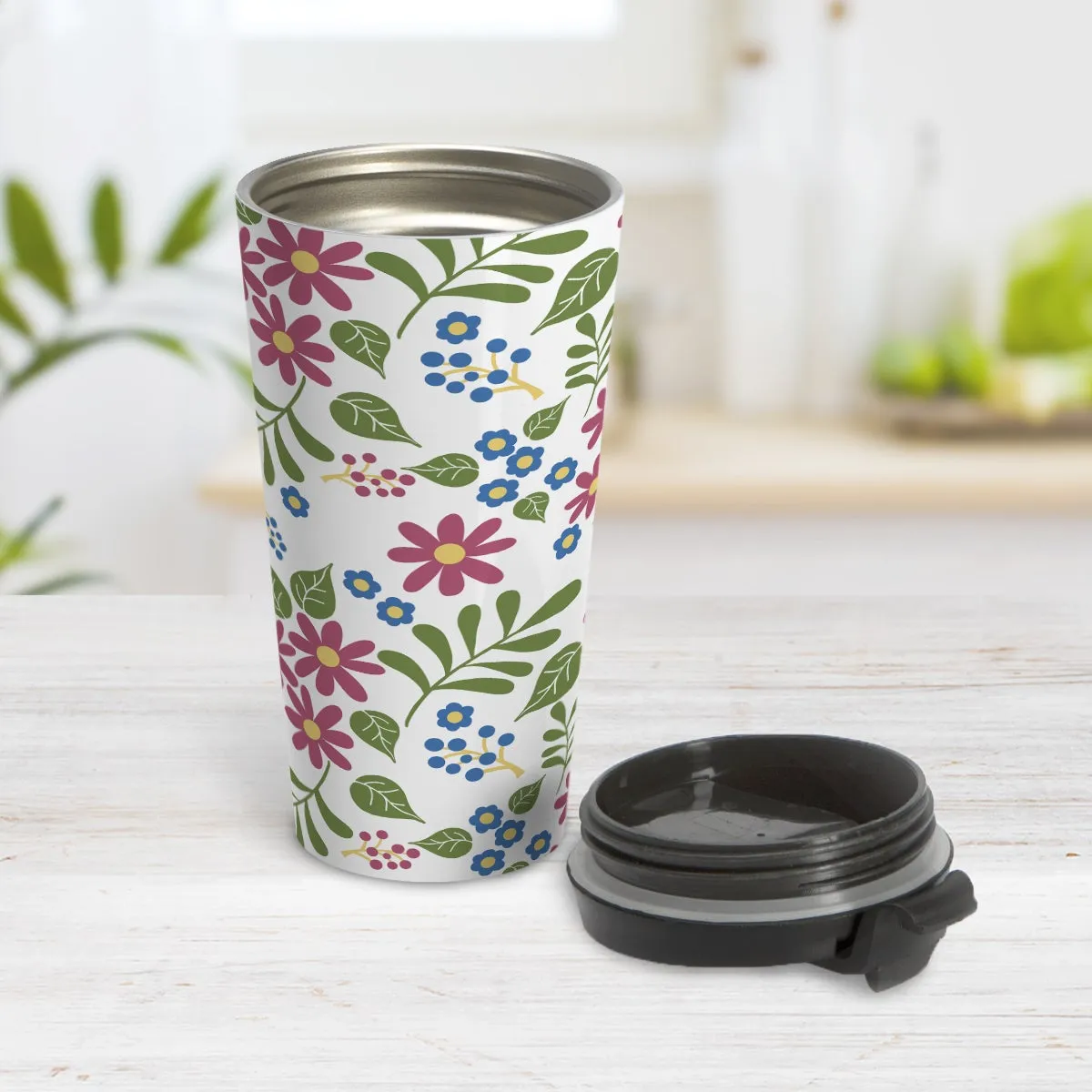 Burgundy Blue Green Flowers Pattern Travel Mug