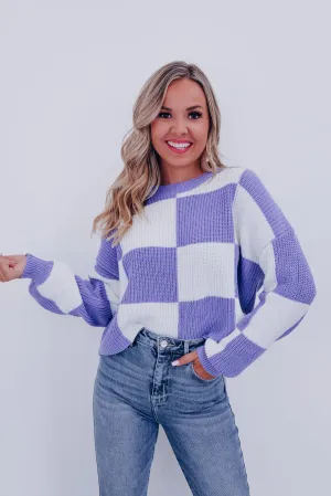 Charming Checkered Cropped Sweater - Lavender