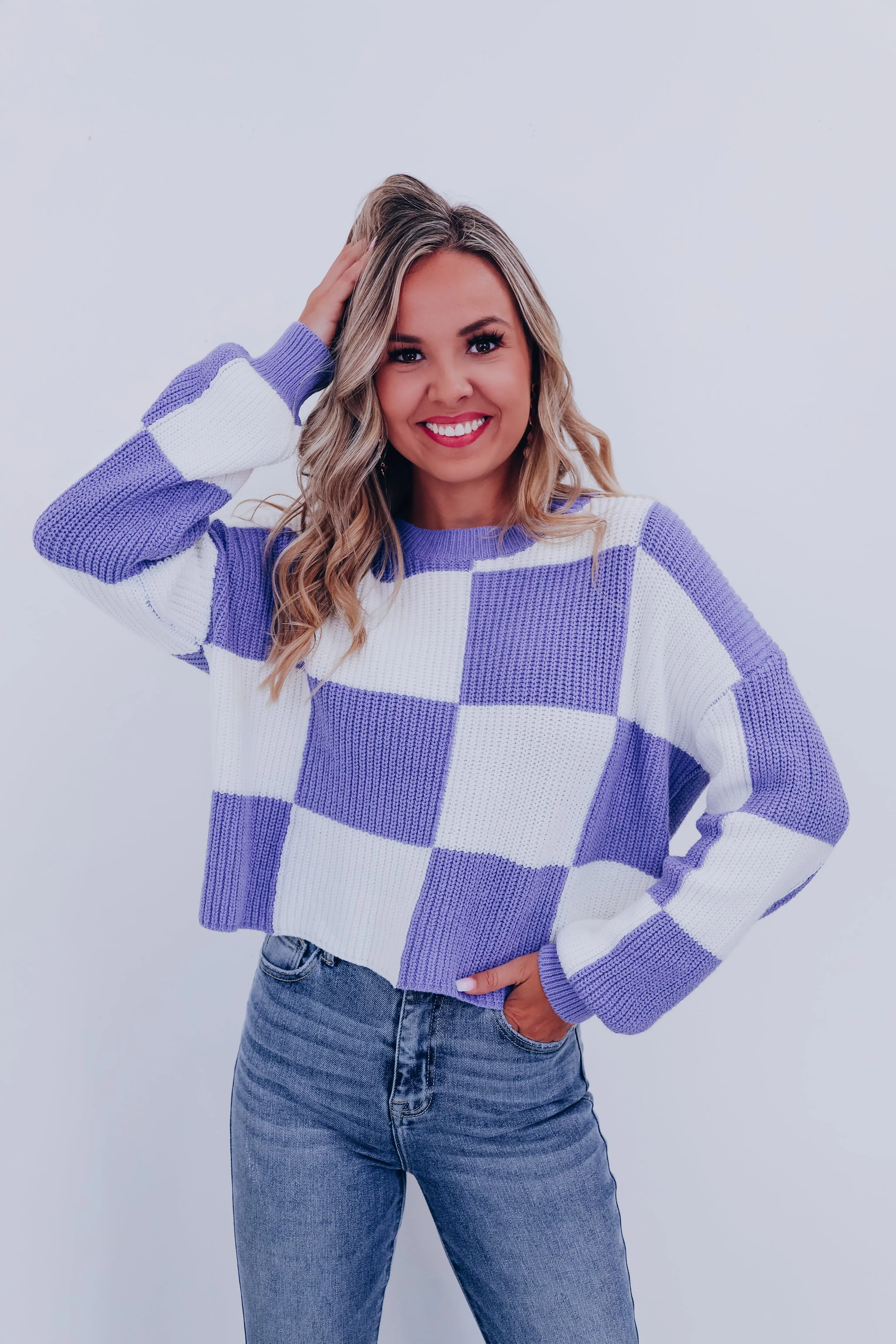 Charming Checkered Cropped Sweater - Lavender