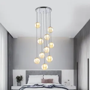 Contemporary Amber Glass Sphere Ceiling Lamp - 10-Light Pendant for Bedroom