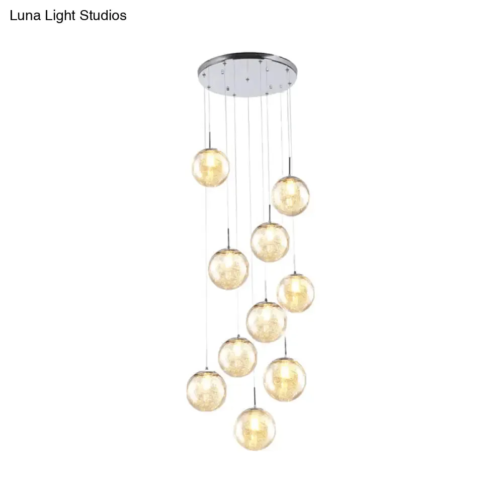 Contemporary Amber Glass Sphere Ceiling Lamp - 10-Light Pendant for Bedroom