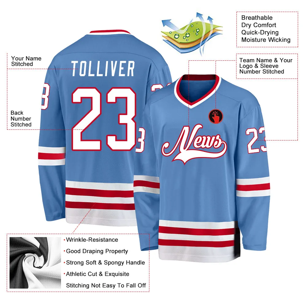 Custom Light Blue White-Red Hockey Jersey