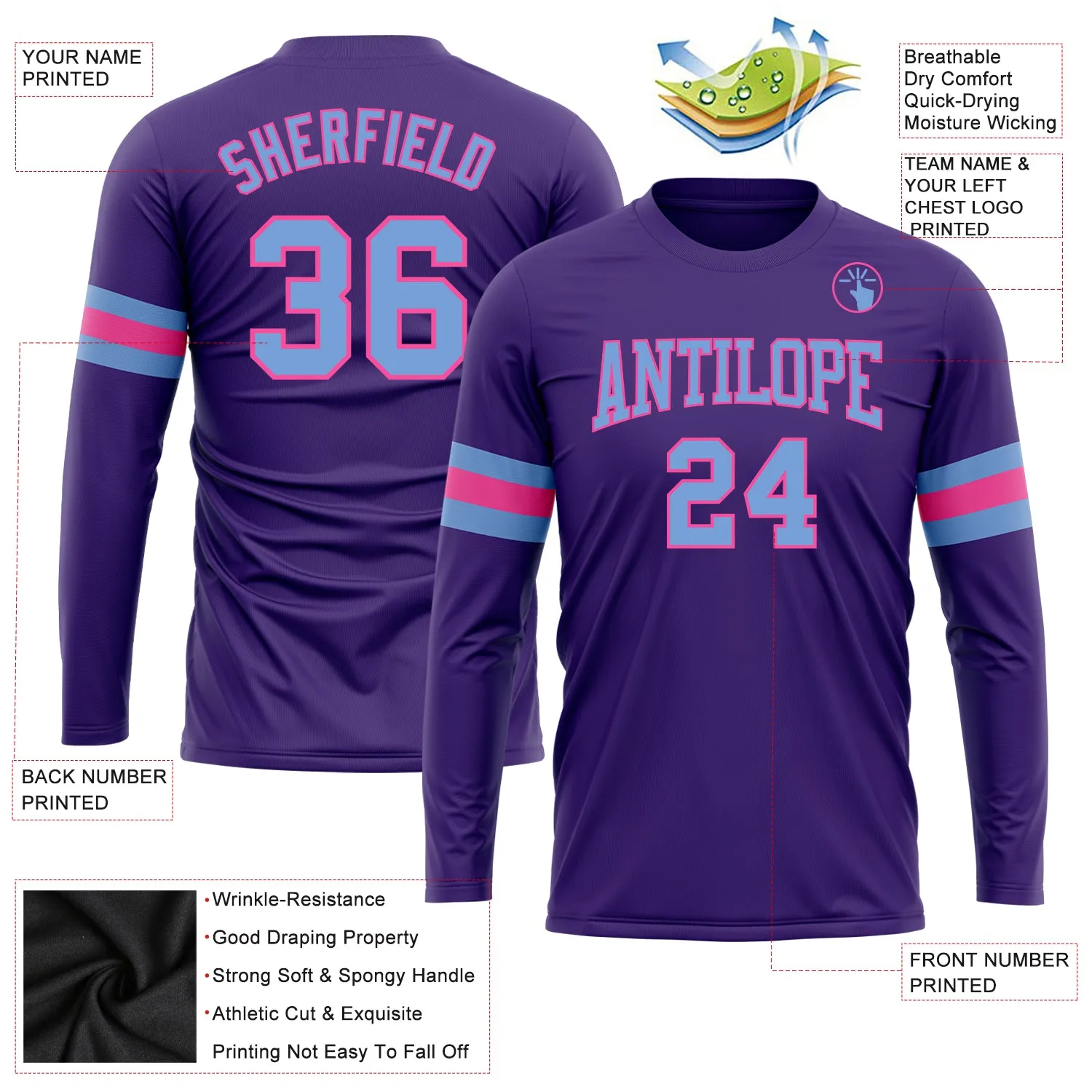 Custom Purple Light Blue-Pink Long Sleeve Performance T-Shirt