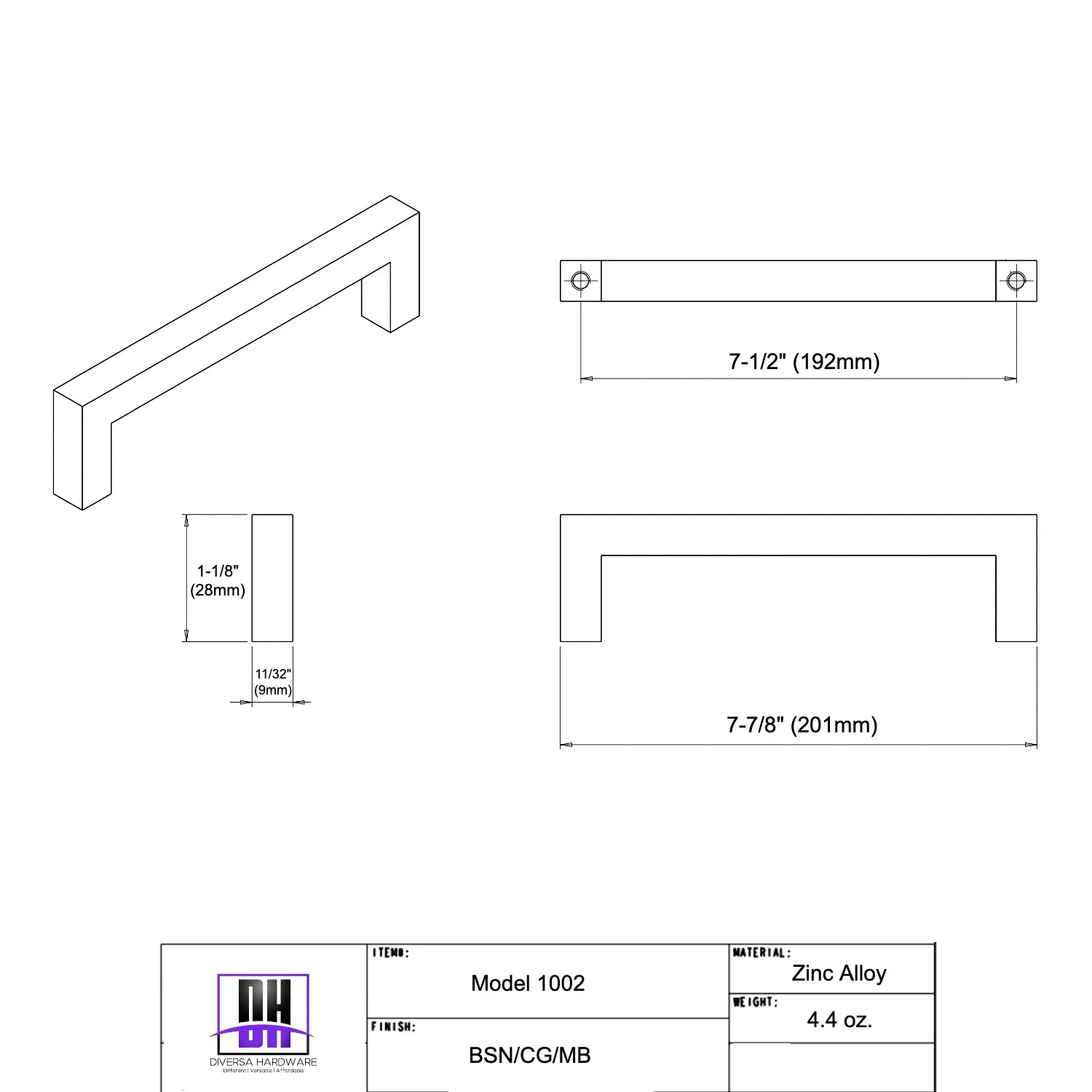 Diversa Matte Black 7-1/2" (192mm) Square Edge Solid Cabinet Bar Pull - 10 PACK