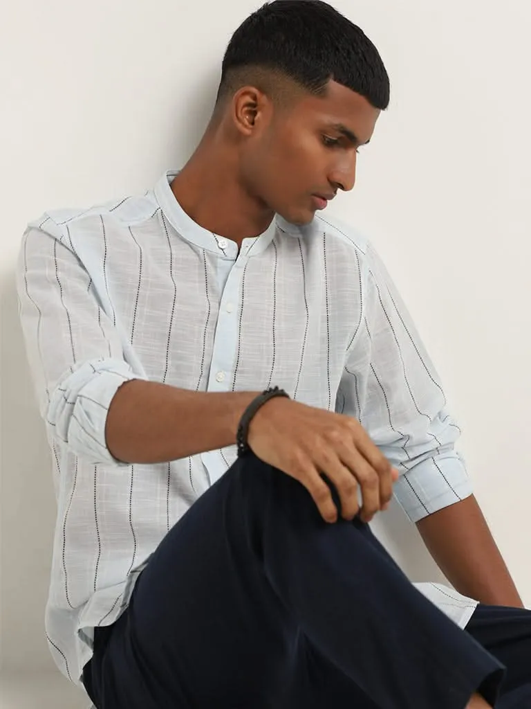 ETA Light Blue Cotton Striped Resort Fit Shirt