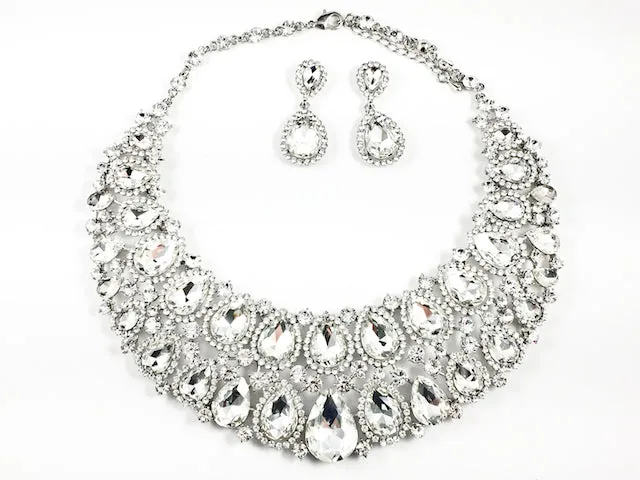 Fancy Layered Crystals Pear Shape Design Style Pattern Earring Necklace Set