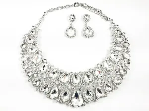 Fancy Layered Crystals Pear Shape Design Style Pattern Earring Necklace Set