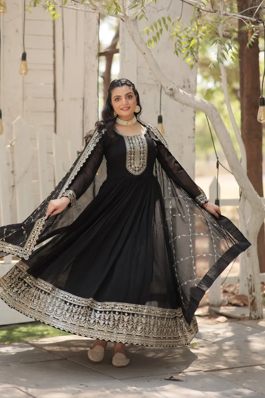 Faux Sequin Embroidered Black Gown with Matching Dupatta