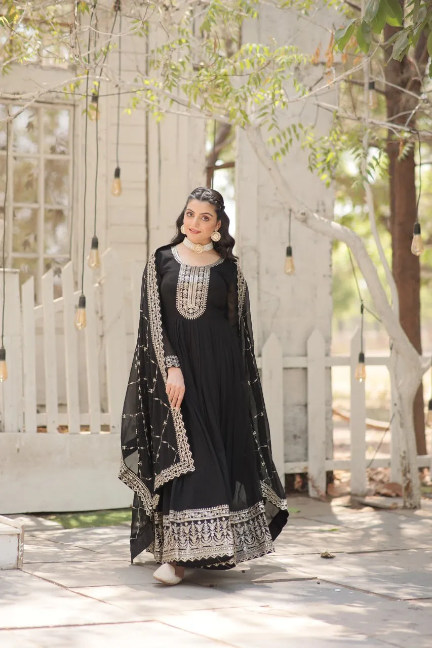 Faux Sequin Embroidered Black Gown with Matching Dupatta