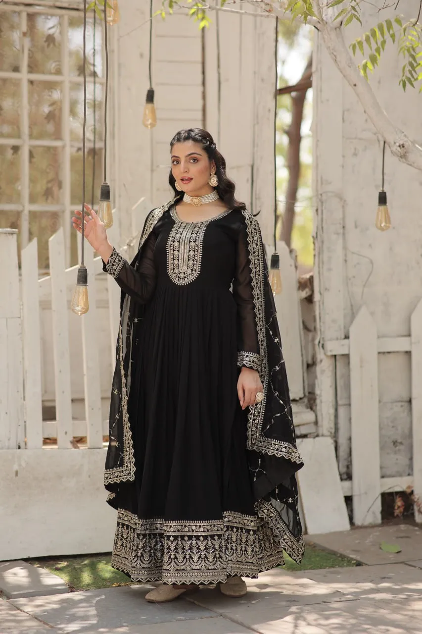 Faux Sequin Embroidered Black Gown with Matching Dupatta