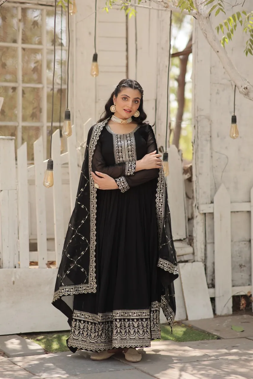 Faux Sequin Embroidered Black Gown with Matching Dupatta