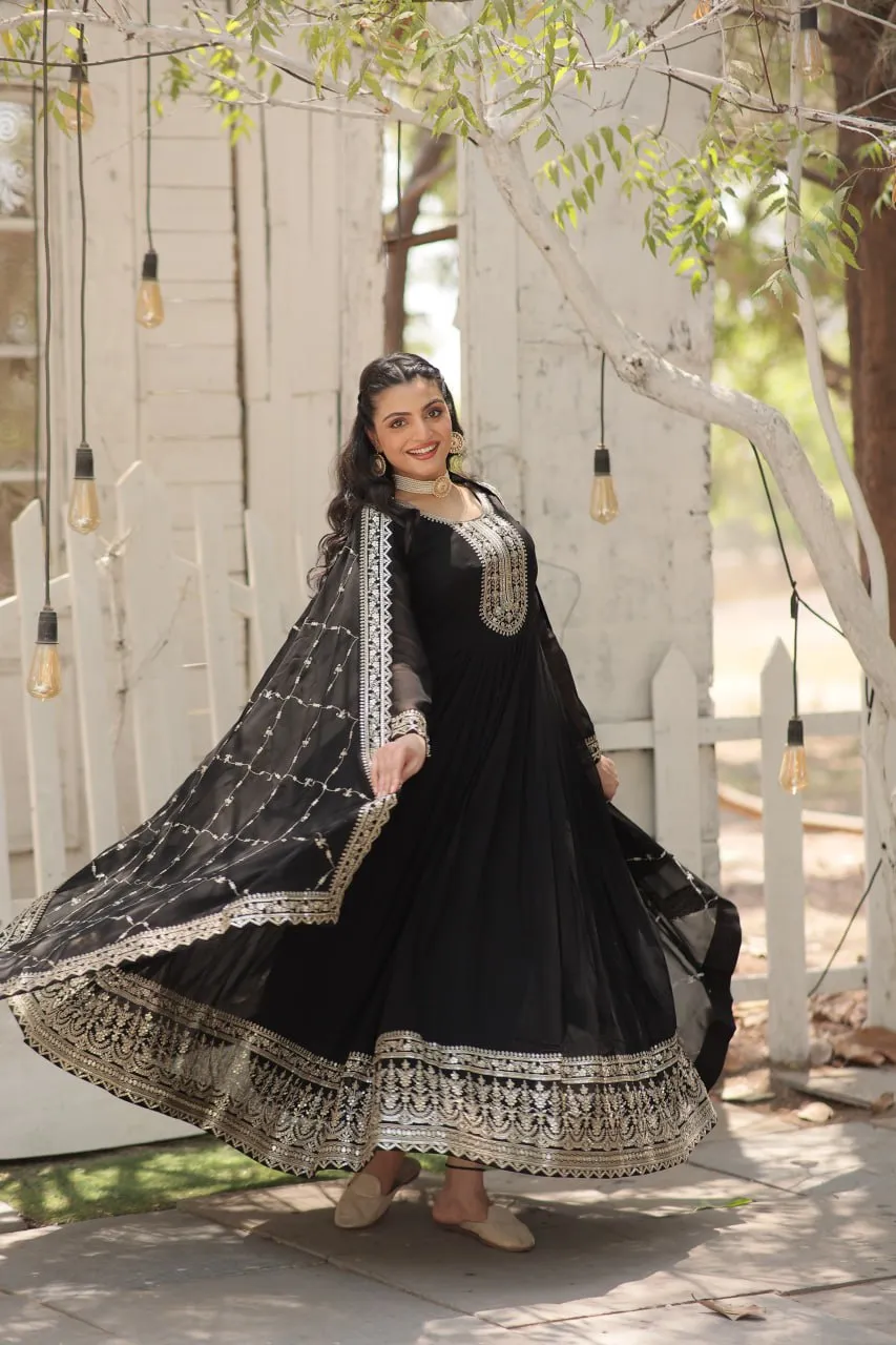 Faux Sequin Embroidered Black Gown with Matching Dupatta