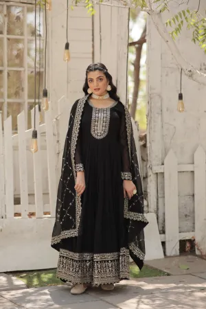 Faux Sequin Embroidered Black Gown with Matching Dupatta