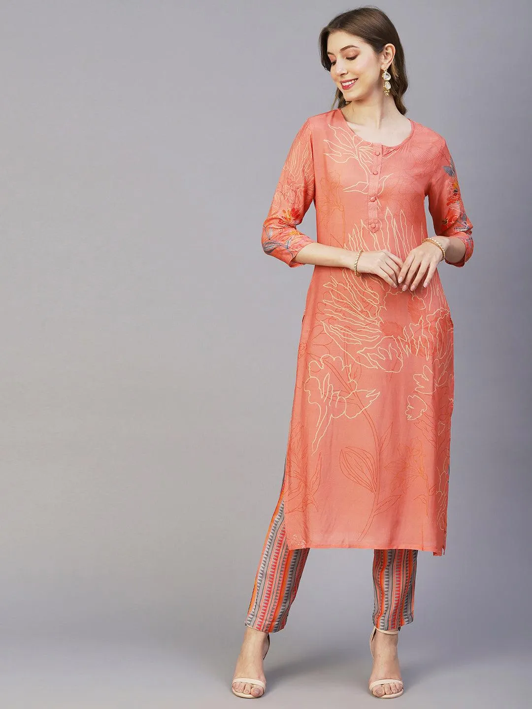 Floral Printed Zari Top Stitched Kurta With Pants & Floral Printed Tasseled Dupatta - Peach