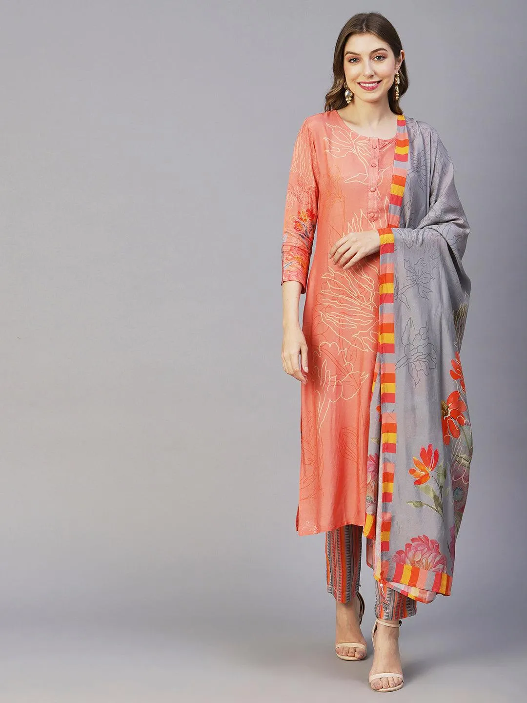 Floral Printed Zari Top Stitched Kurta With Pants & Floral Printed Tasseled Dupatta - Peach