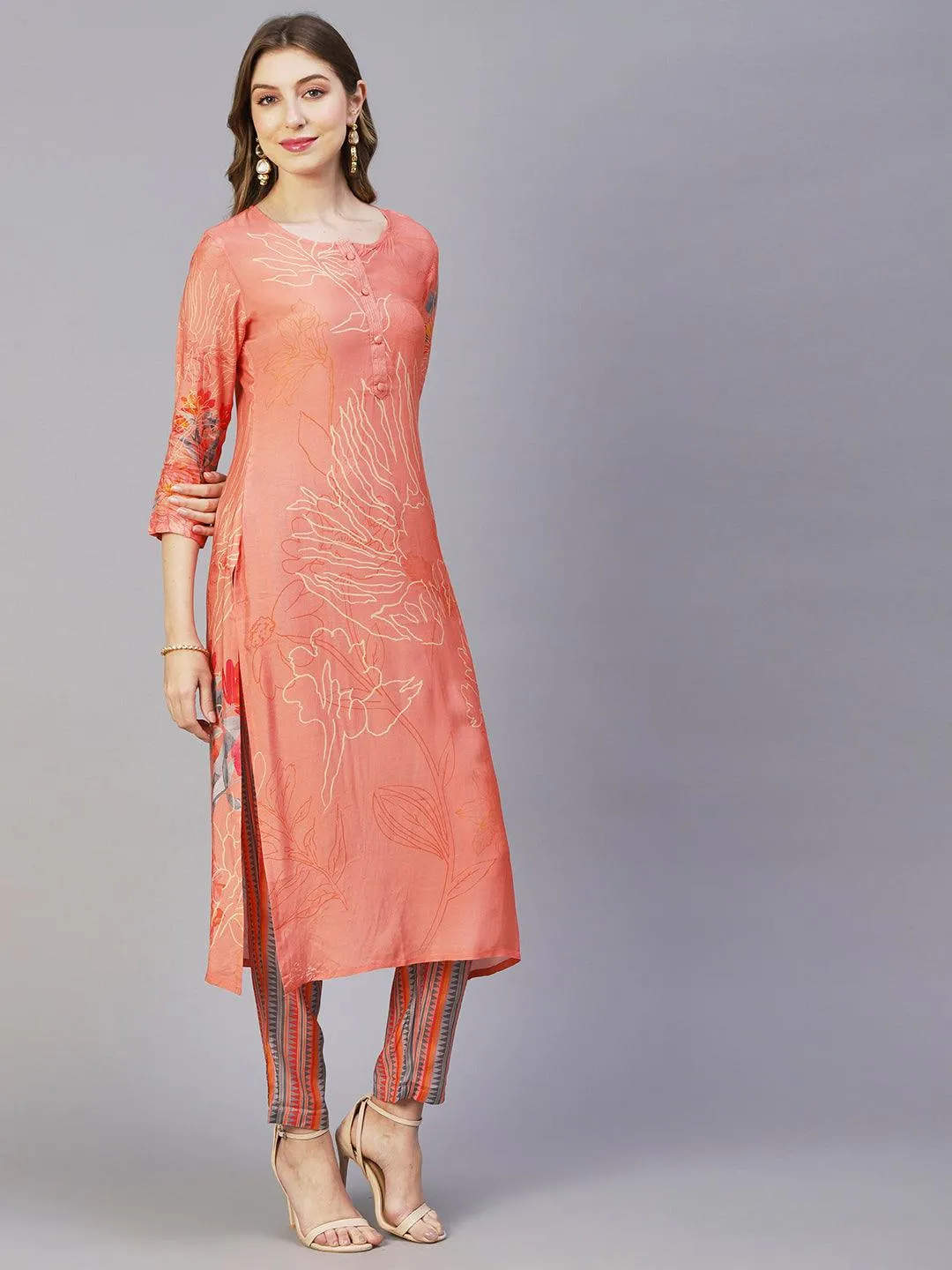 Floral Printed Zari Top Stitched Kurta With Pants & Floral Printed Tasseled Dupatta - Peach