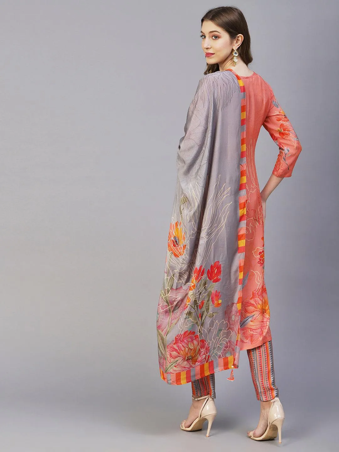 Floral Printed Zari Top Stitched Kurta With Pants & Floral Printed Tasseled Dupatta - Peach