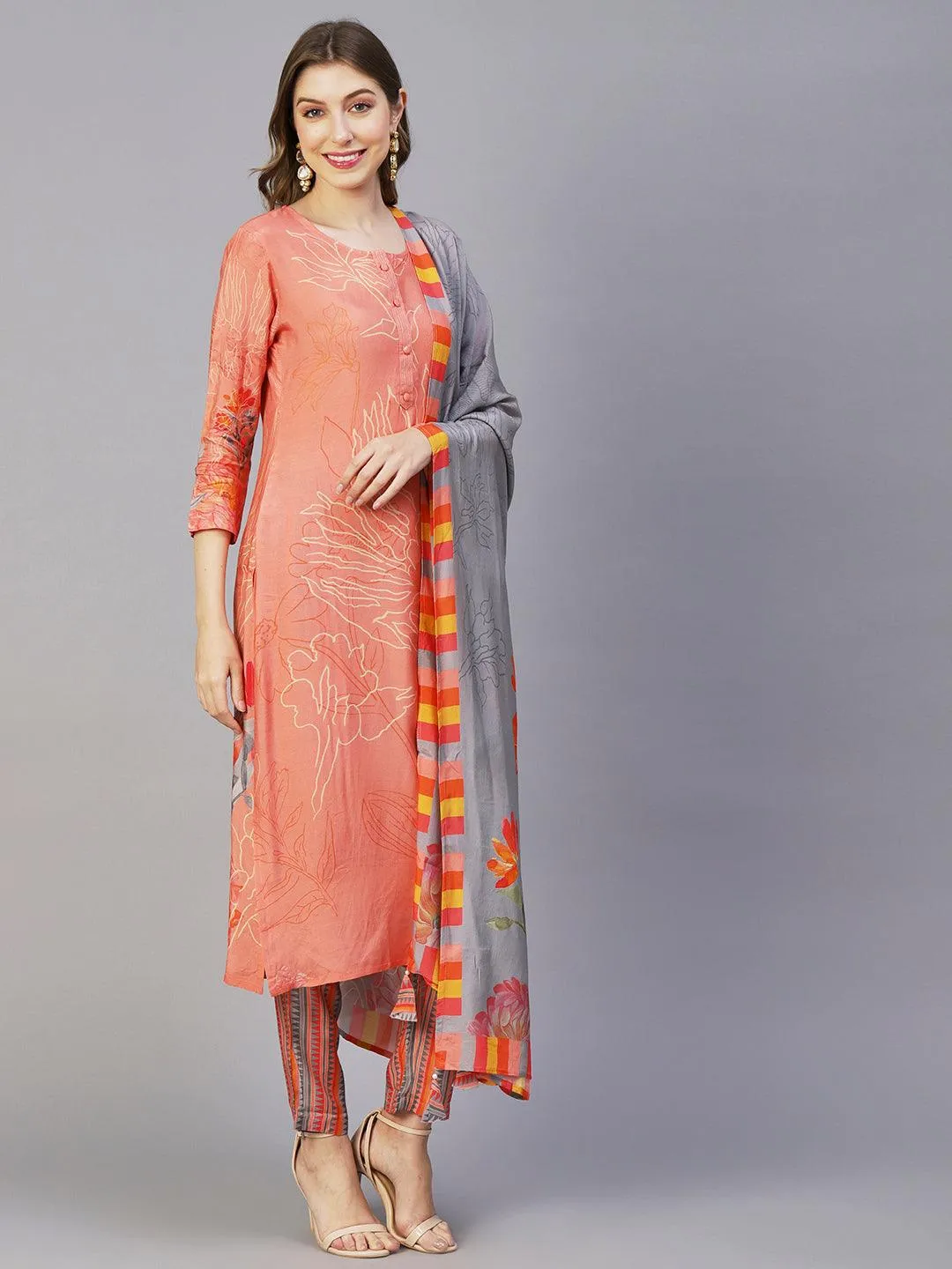 Floral Printed Zari Top Stitched Kurta With Pants & Floral Printed Tasseled Dupatta - Peach