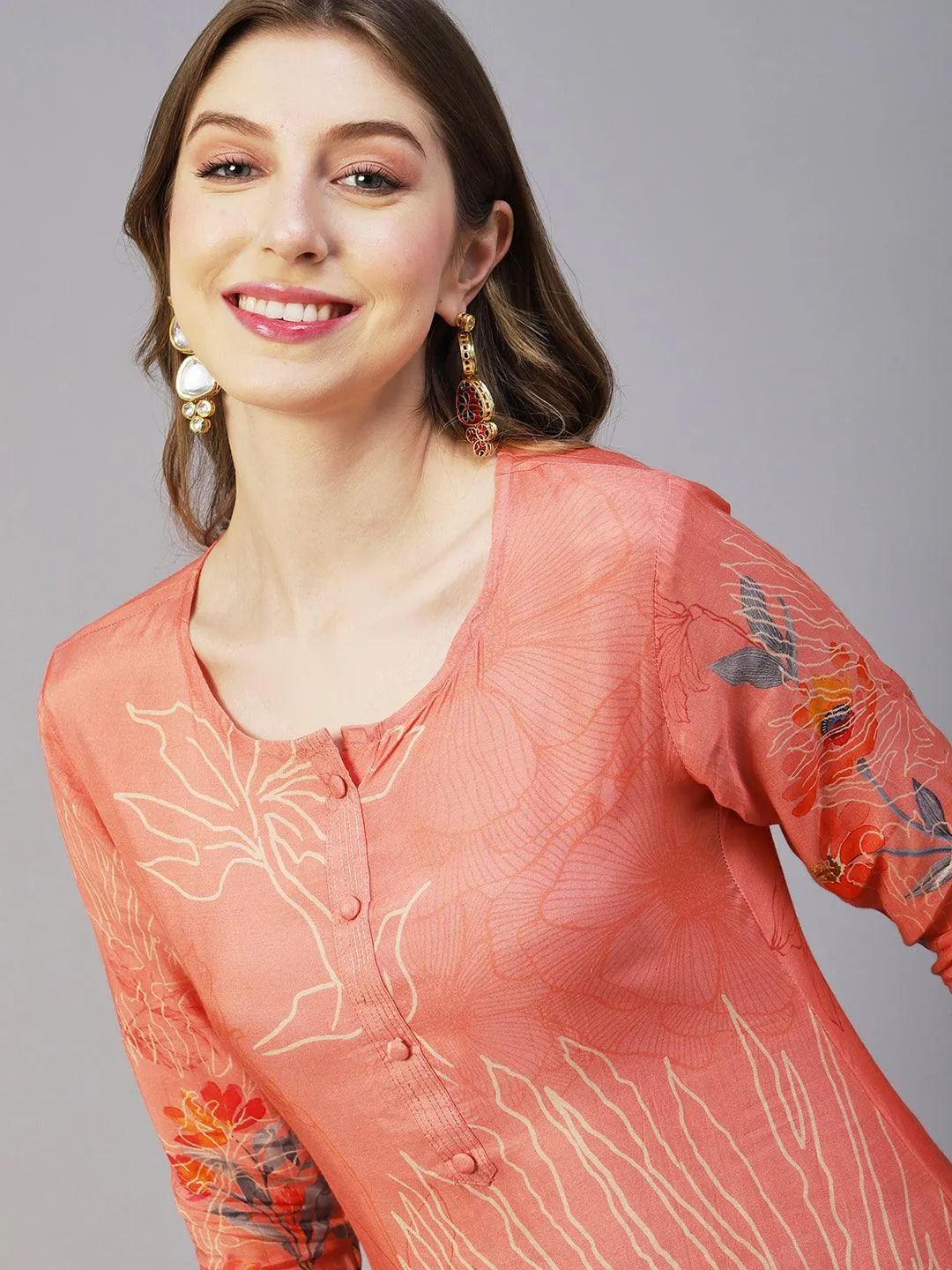 Floral Printed Zari Top Stitched Kurta With Pants & Floral Printed Tasseled Dupatta - Peach