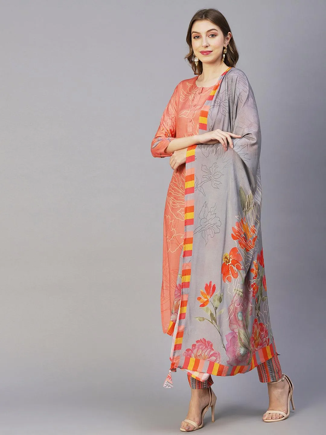 Floral Printed Zari Top Stitched Kurta With Pants & Floral Printed Tasseled Dupatta - Peach