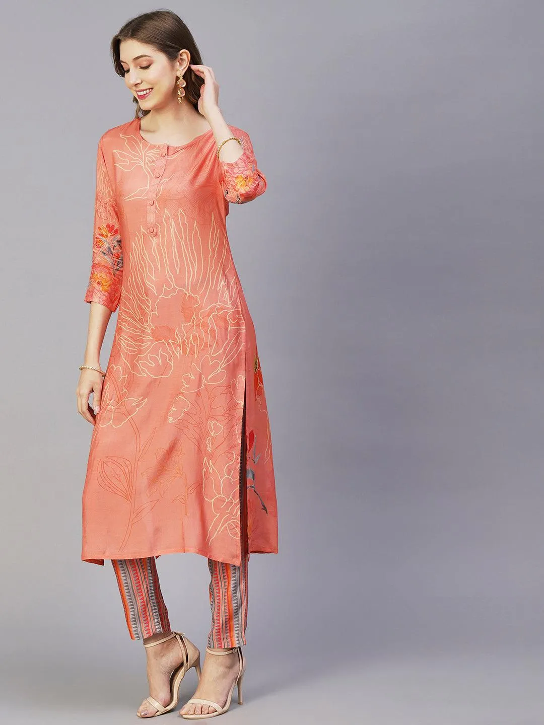 Floral Printed Zari Top Stitched Kurta With Pants & Floral Printed Tasseled Dupatta - Peach