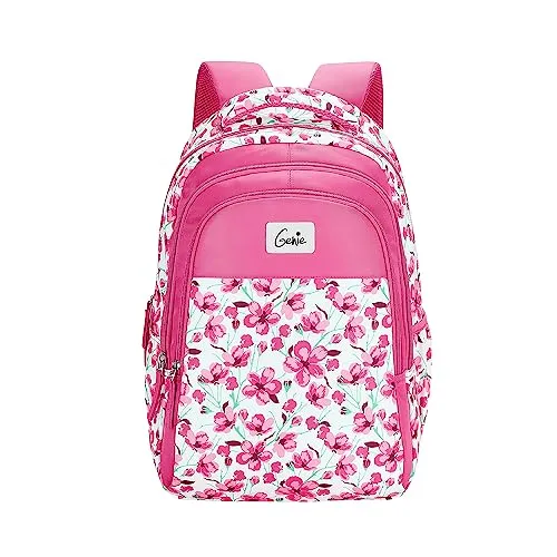 Genie Camellia School Bag for Girls, 17 inch Backpack for Women, 3 compartments Water Resistant Stylish and Trendy College Backpacks for Girls