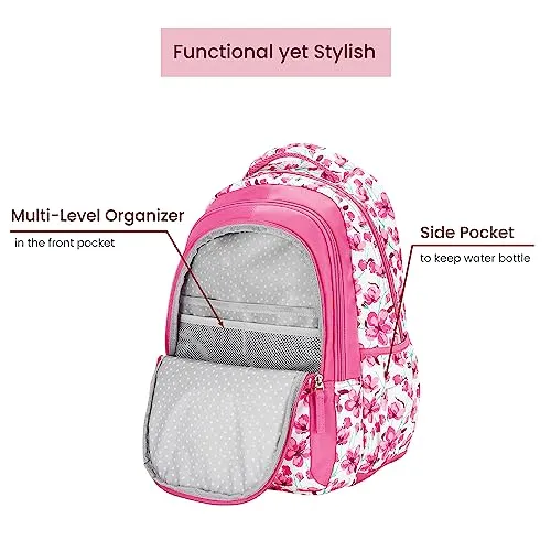 Genie Camellia School Bag for Girls, 17 inch Backpack for Women, 3 compartments Water Resistant Stylish and Trendy College Backpacks for Girls