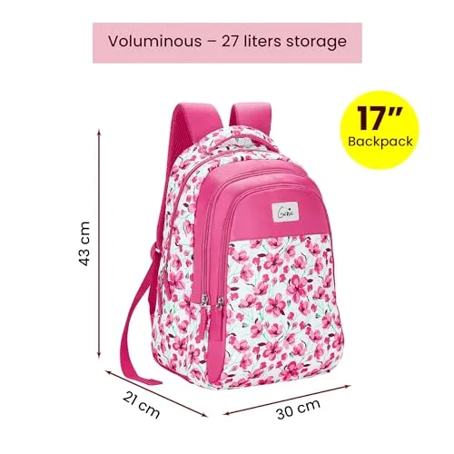 Genie Camellia School Bag for Girls, 17 inch Backpack for Women, 3 compartments Water Resistant Stylish and Trendy College Backpacks for Girls