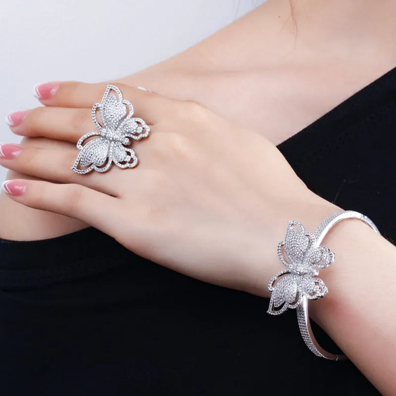 Gorgeous Large Butterfly Design Rhinestone Bangle and Ring Set-Gift for Any Occasion-Wedding-Bridal Party