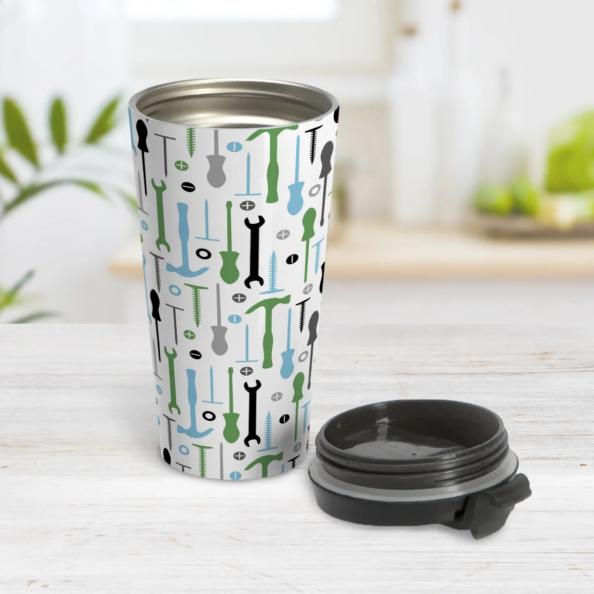 Green Blue Tools Pattern Travel Mug