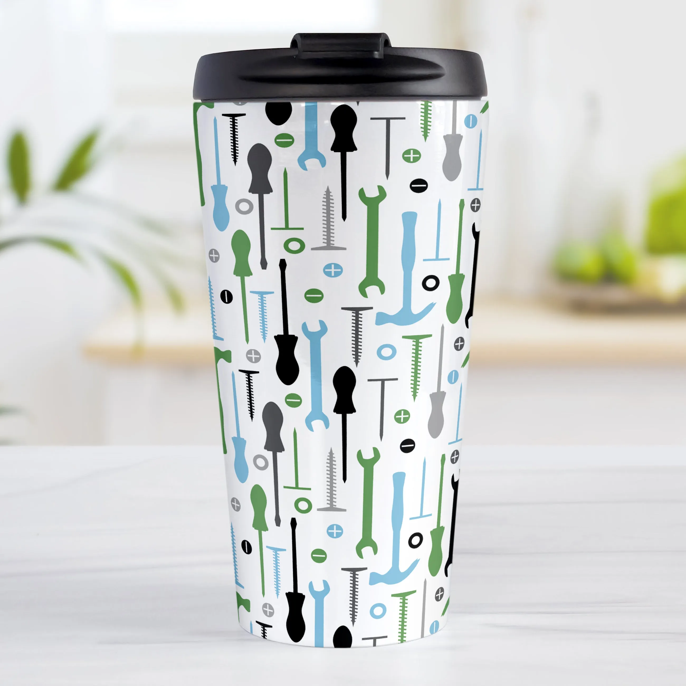 Green Blue Tools Pattern Travel Mug